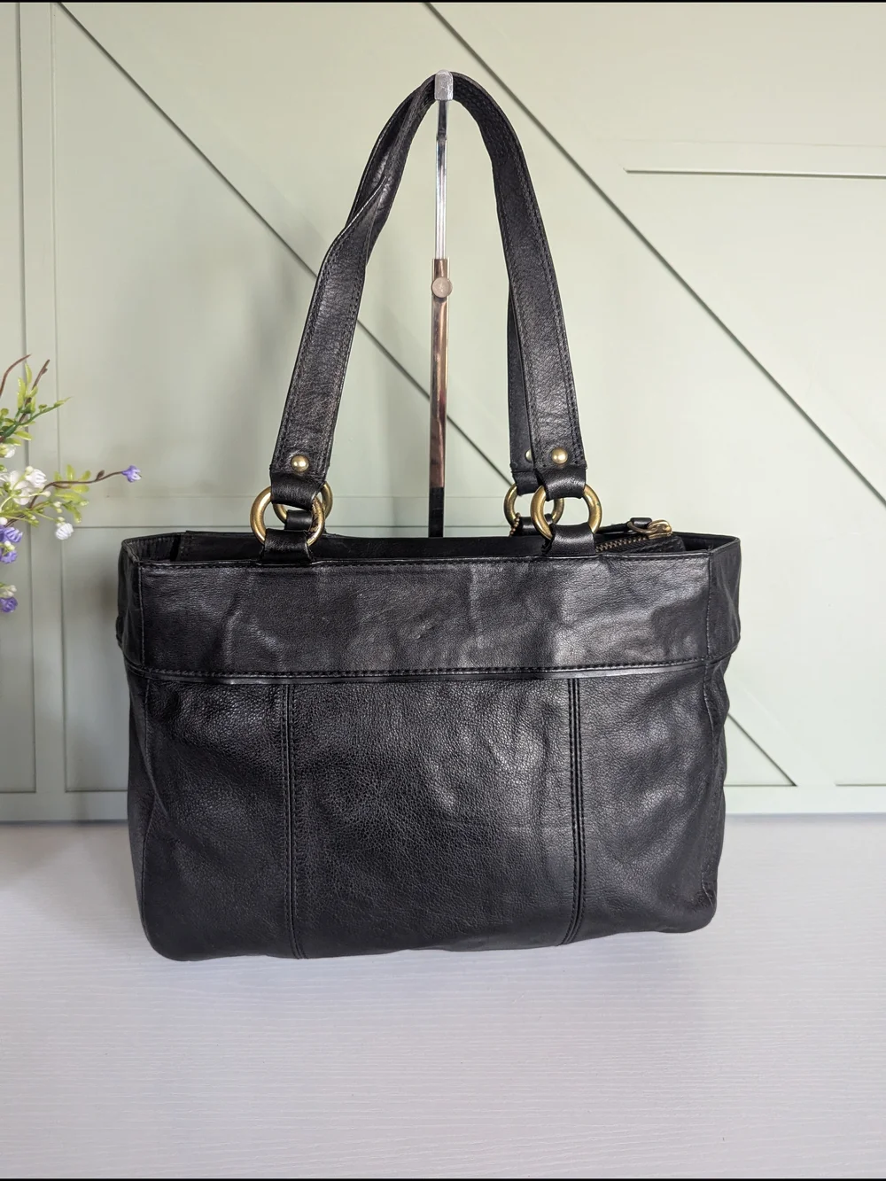Coach Black Leather Shoulder Bag with Gold Stud Accents